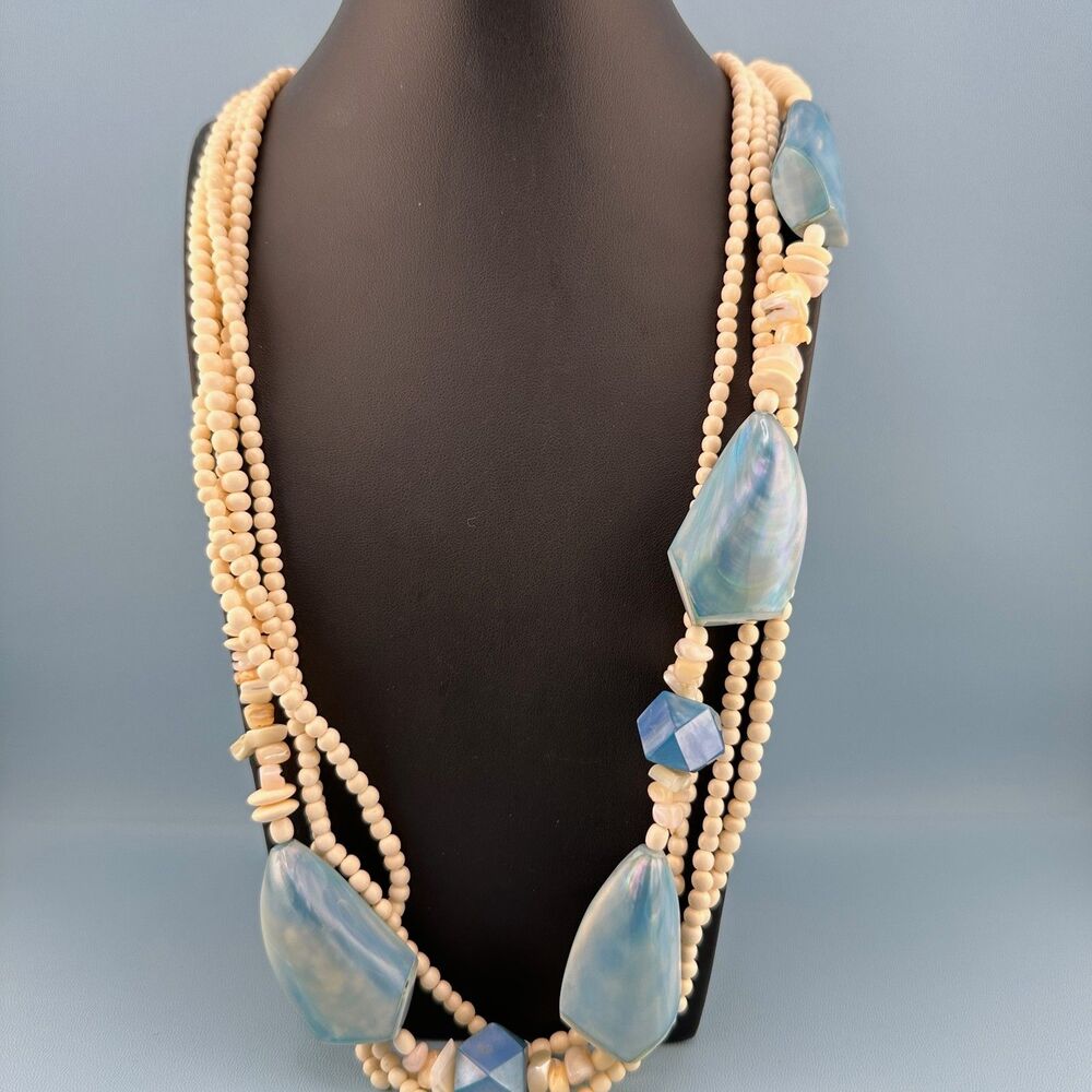 Vintage Shell Bead Necklace Multi Strand LG Blue Mother Of Pearl Oyster Abalone